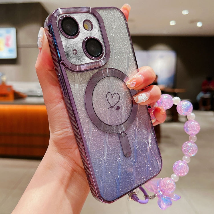 For iPhone 14 Loves Leaves Gradient Glitter Bracelets Carbon Fiber Magsafe TPU Phone Case(Purple) - iPhone 14 Cases by buy2fix | Online Shopping UK | buy2fix