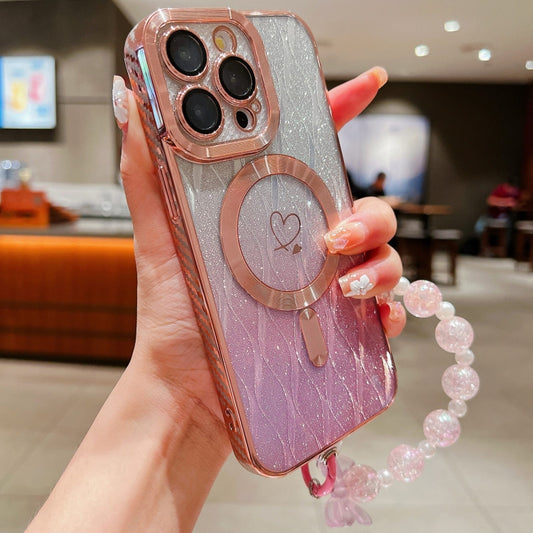 For iPhone 13 Pro Loves Leaves Gradient Glitter Bracelets Carbon Fiber Magsafe TPU Phone Case(Pink) - iPhone 13 Pro Cases by buy2fix | Online Shopping UK | buy2fix