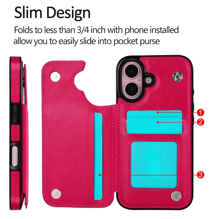 For iPhone 16 Plus Double Buckle Crazy Horse Texture PU Phone Case(Rose Red) - iPhone 16 Plus Cases by buy2fix | Online Shopping UK | buy2fix