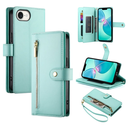 For iPhone SE 4 2024 Nine Card-slot Zipper Wallet Bag Leather Phone Case(Mint Green) - More iPhone Cases by buy2fix | Online Shopping UK | buy2fix