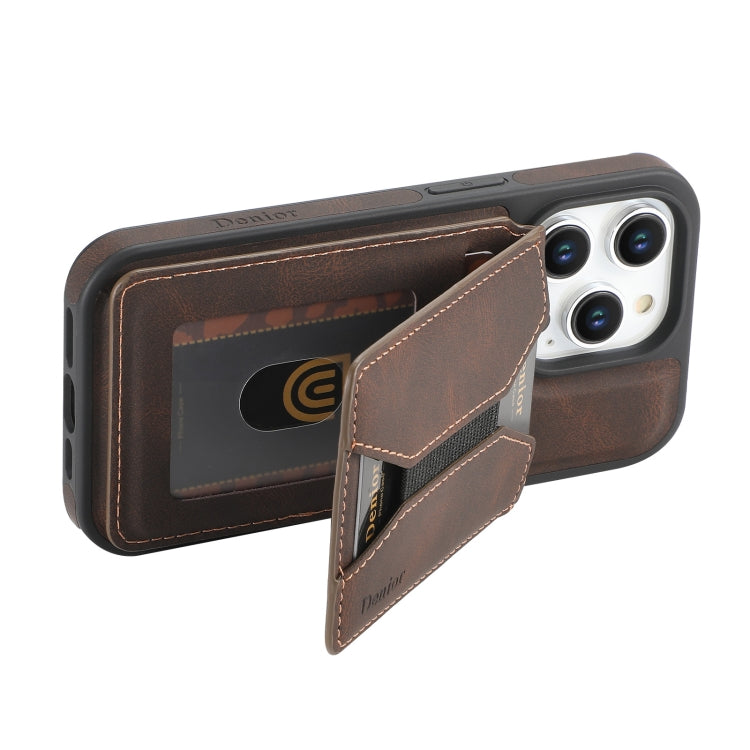 For iPhone 13 Pro Max Denior D18 Skin Feel Rotating Holder MagSafe Detachable Card Slot Phone Case(Brown) - iPhone 13 Pro Max Cases by Denior | Online Shopping UK | buy2fix