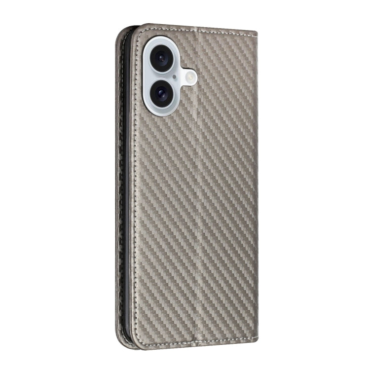 For iPhone 16 Plus Carbon Fiber Texture Magnetic Flip Leather Phone Case(Grey) - iPhone 16 Plus Cases by buy2fix | Online Shopping UK | buy2fix