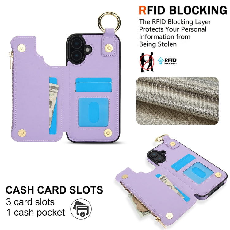 For iPhone 16 RFlD Anti-theft Double Buckle Ring Zipper Card Phone Case(Purple) - iPhone 16 Cases by buy2fix | Online Shopping UK | buy2fix