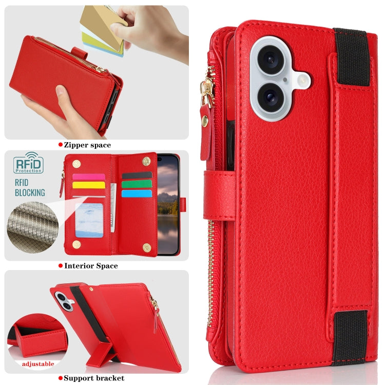 For iPhone 16 Plus Wristband Holder Zipper Purse RFID Leather Phone Case(Red) - iPhone 16 Plus Cases by buy2fix | Online Shopping UK | buy2fix