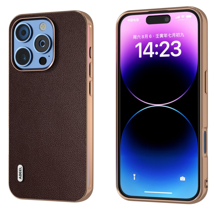 For iPhone 16 Pro ABEEL Electroplated Frame Genuine Leather Elegant Phone Case(Coffee) - iPhone 16 Pro Cases by buy2fix | Online Shopping UK | buy2fix