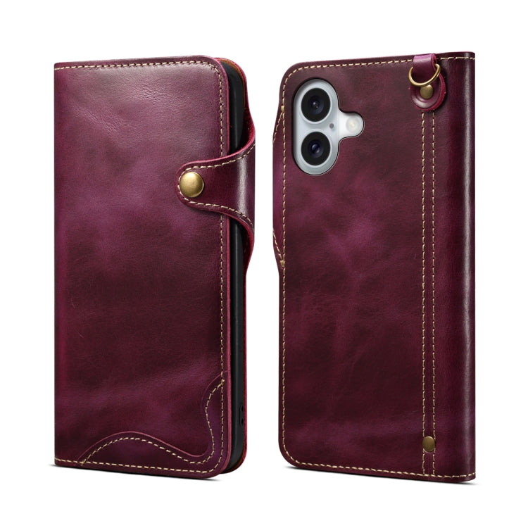 For iPhone 16 Denior B01 Oil Wax Cowhide Magnetic Button Genuine Leather Case(Purple) - iPhone 16 Cases by Denior | Online Shopping UK | buy2fix