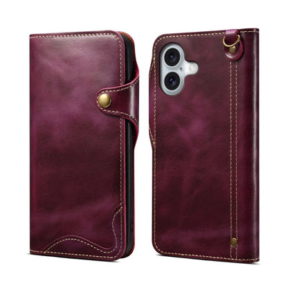 For iPhone 16 Plus Denior B01 Oil Wax Cowhide Magnetic Button Genuine Leather Case(Purple) - iPhone 16 Plus Cases by Denior | Online Shopping UK | buy2fix