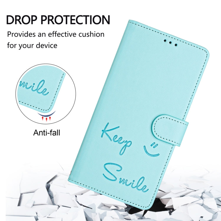 For iPhone 16 Pro Max Smile Embossing RFID Leather Phone Case(Mint Green) - iPhone 16 Pro Max Cases by buy2fix | Online Shopping UK | buy2fix