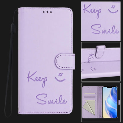 For iPhone 16 Pro Smile Embossing RFID Leather Phone Case(Light Purple) - iPhone 16 Pro Cases by buy2fix | Online Shopping UK | buy2fix