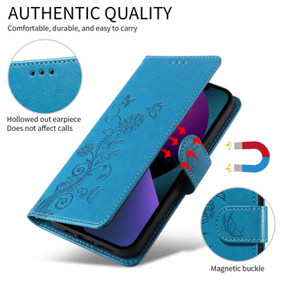 For iPhone 16 Embossed Butterfly Flowers Leather Phone Case(Blue) - iPhone 16 Cases by buy2fix | Online Shopping UK | buy2fix