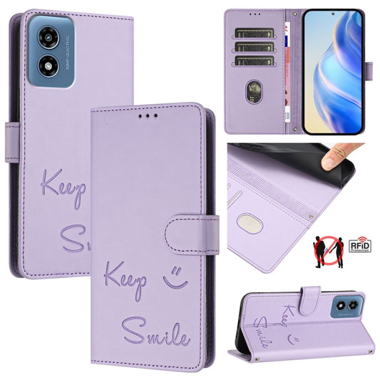 For Motorola Moto G Play 5G 2024 Global Smile Embossing RFID Leather Phone Case(Light Purple) - Motorola Cases by buy2fix | Online Shopping UK | buy2fix