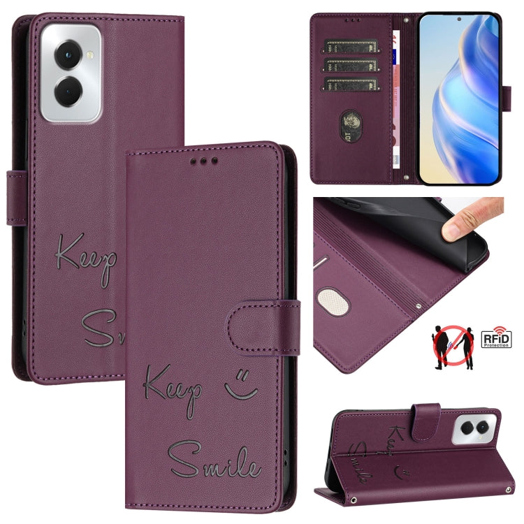 For Motorola Moto G Power 5G 2024 Smile Embossing RFID Leather Phone Case(Violet) - Motorola Cases by buy2fix | Online Shopping UK | buy2fix