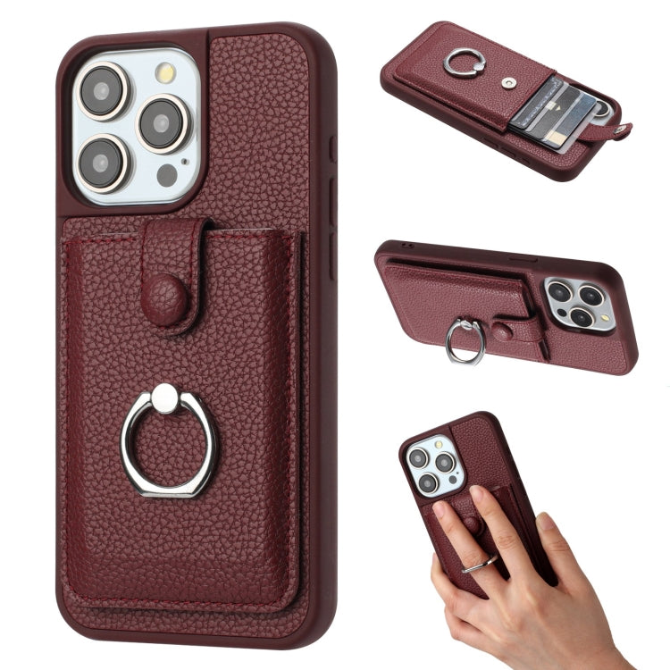 For iPhone 16 Pro Litchi Texture Drawing Card Bag Ring Holder Phone Case(Wine Red) - iPhone 16 Pro Cases by buy2fix | Online Shopping UK | buy2fix