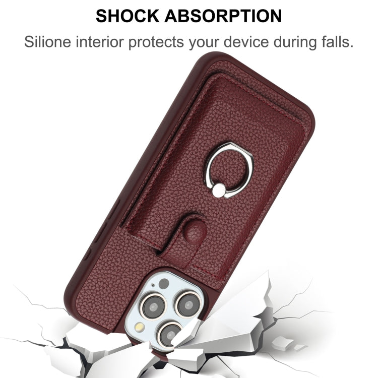 For iPhone 16 Pro Litchi Texture Drawing Card Bag Ring Holder Phone Case(Wine Red) - iPhone 16 Pro Cases by buy2fix | Online Shopping UK | buy2fix