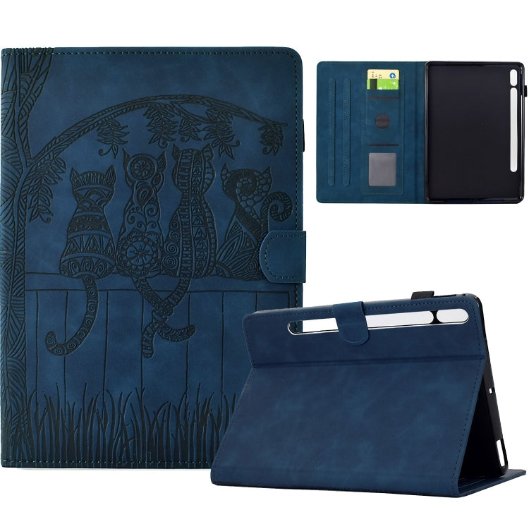 For Samsung Galaxy Tab S9 / S9 FE Cats Embossed Leather Smart Tablet Case(Dark Blue) - Galaxy Tab S9 Cases by buy2fix | Online Shopping UK | buy2fix