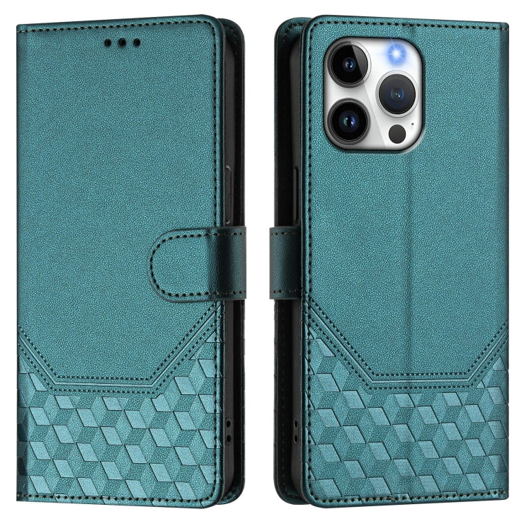 For iPhone 16 Pro Honeycomb Embossing RFID Leather Phone Case(Peacock Green) - iPhone 16 Pro Cases by buy2fix | Online Shopping UK | buy2fix