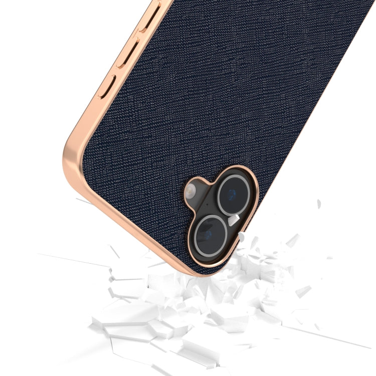 For iPhone 16 Plus ABEEL Electroplating Frame Cross Texture Genuine Leather Phone Case(Blue) - iPhone 16 Plus Cases by buy2fix | Online Shopping UK | buy2fix