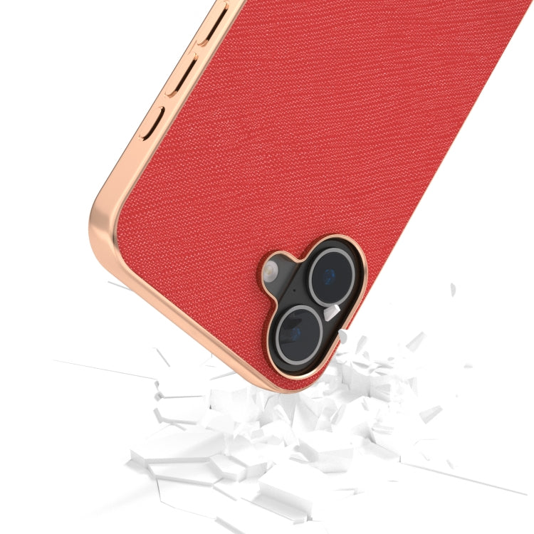 For iPhone 16 Plus ABEEL Electroplating Frame Cross Texture Genuine Leather Phone Case(Red) - iPhone 16 Plus Cases by buy2fix | Online Shopping UK | buy2fix