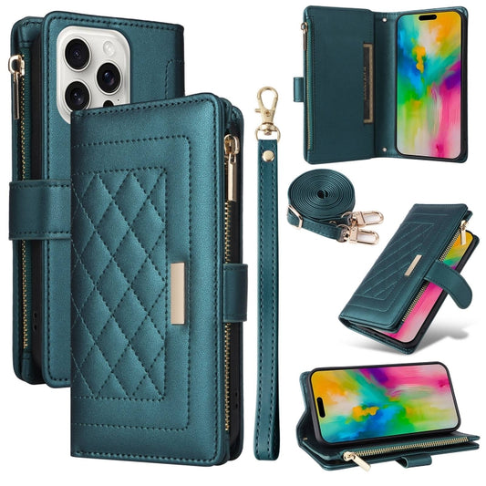 For iPhone 16 Pro Max Crossbody Zipper Wallet Rhombus Leather Phone Case(Green) - iPhone 16 Pro Max Cases by buy2fix | Online Shopping UK | buy2fix