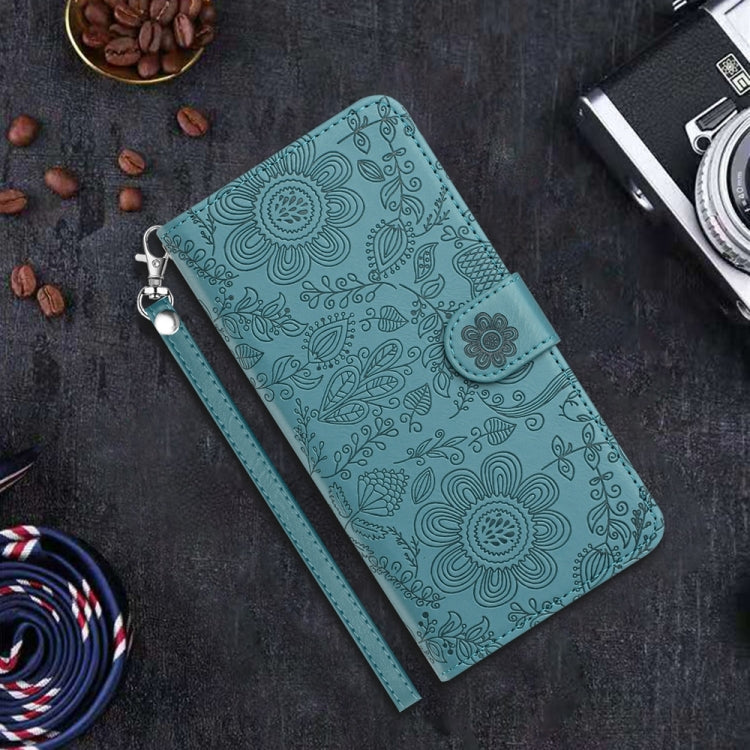 For iPhone 16 Pro Floral Embossed Pattern Leather Phone Case(Dark Green) - iPhone 16 Pro Cases by buy2fix | Online Shopping UK | buy2fix