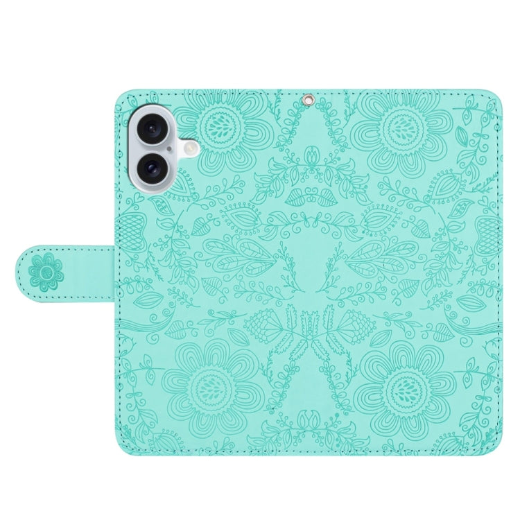 For iPhone 16 Plus Floral Embossed Pattern Leather Phone Case(Light Green) - iPhone 16 Plus Cases by buy2fix | Online Shopping UK | buy2fix