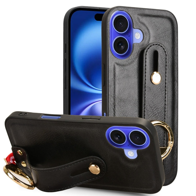 For iPhone 16 Plus Wristband Leather Back Phone Case(Black) - iPhone 16 Plus Cases by buy2fix | Online Shopping UK | buy2fix