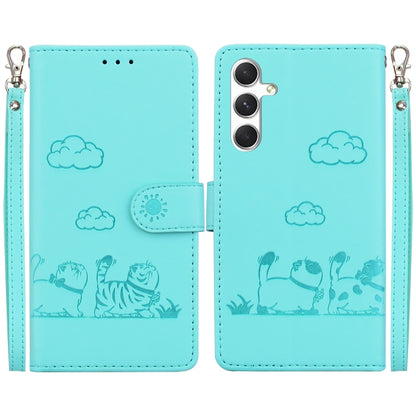 For Samsung Galaxy S25 5G Cute Cats RFID Leather Phone Case(Green) - Galaxy S25 5G Cases by buy2fix | Online Shopping UK | buy2fix