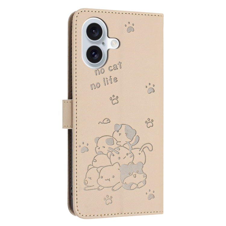 For iPhone 16 Embossed Kitten Phone Leather Case with Lanyard(Beige) - iPhone 16 Cases by buy2fix | Online Shopping UK | buy2fix