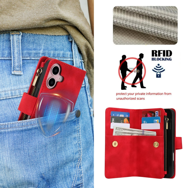 For iPhone 16 Dream 9-Card Zipper Wallet RFID Leather Phone Case with Lanyard(Red) - iPhone 16 Cases by buy2fix | Online Shopping UK | buy2fix