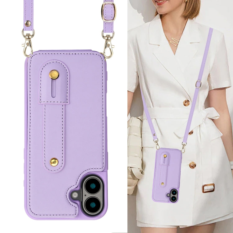 For iPhone 16 Plus Wristband Vertical Flip Wallet Back Cover Phone Case with Long Lanyard(Purple) - iPhone 16 Plus Cases by buy2fix | Online Shopping UK | buy2fix