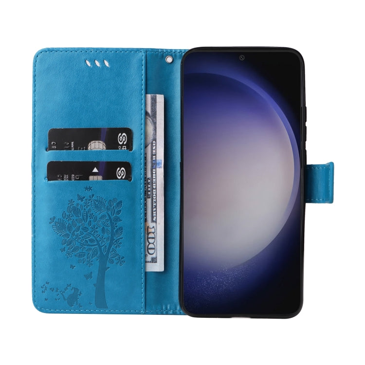 For Samsung Galaxy S25 / S24 5G Tree & Cat Embossed Pattern Flip Leather Phone Case(Blue) - Galaxy S25 5G Cases by buy2fix | Online Shopping UK | buy2fix