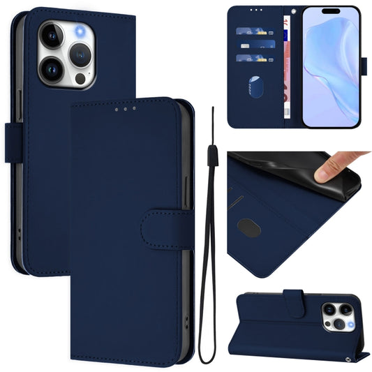 For iPhone 16 Pro Skin Feel Solid Color Leather Phone Case with Lanyard(Navy Blue) - iPhone 16 Pro Cases by buy2fix | Online Shopping UK | buy2fix