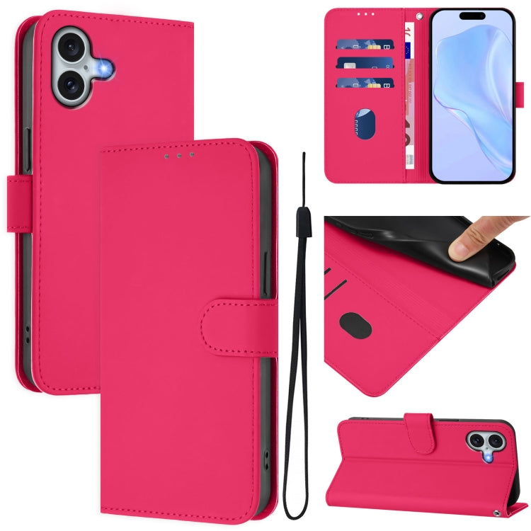 For iPhone 16 Plus Skin Feel Solid Color Leather Phone Case with Lanyard(Rose Red) - iPhone 16 Plus Cases by buy2fix | Online Shopping UK | buy2fix