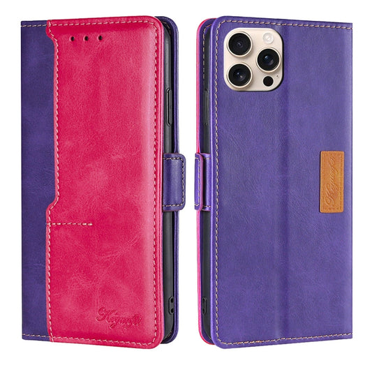 For iPhone 16 Pro Max Contrast Color Side Buckle Leather Phone Case(Purple + Rose Red) - iPhone 16 Pro Max Cases by buy2fix | Online Shopping UK | buy2fix