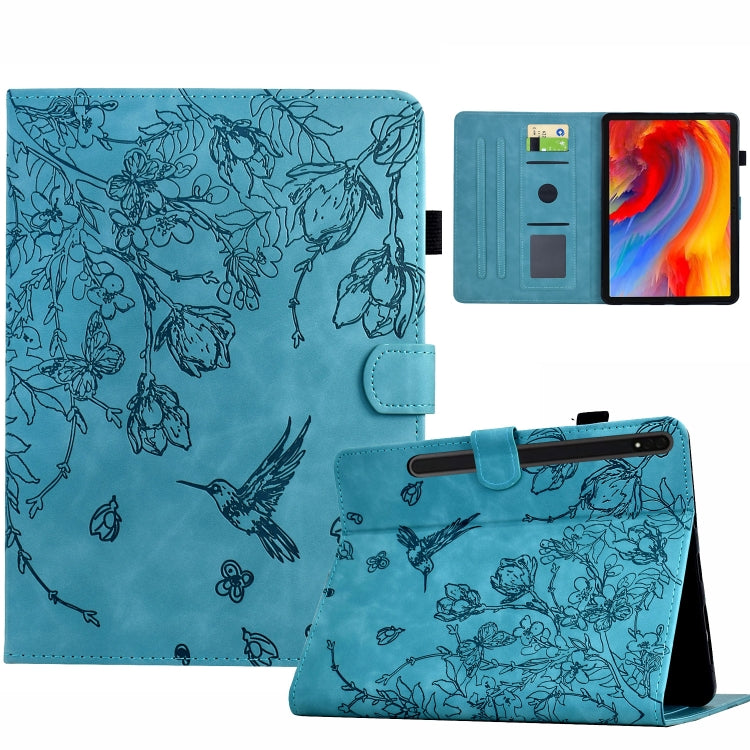 For Samsung Galaxy Tab S7 / S8 Flowers and Bird Embossed Smart Leather Tablet Case(Light Blue) - Galaxy Tab S8 Cases by buy2fix | Online Shopping UK | buy2fix