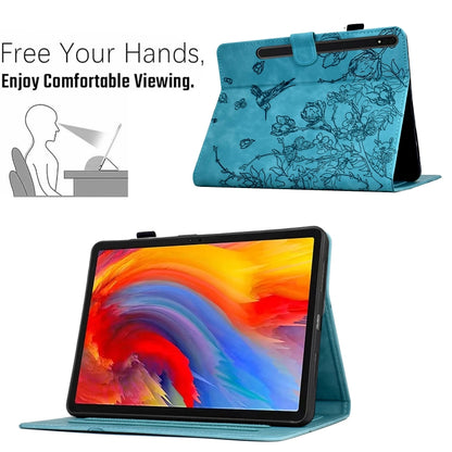 For Samsung Galaxy Tab S7 / S8 Flowers and Bird Embossed Smart Leather Tablet Case(Light Blue) - Galaxy Tab S8 Cases by buy2fix | Online Shopping UK | buy2fix