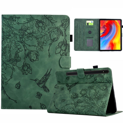 For Samsung Galaxy Tab S7 / S8 Flowers and Bird Embossed Smart Leather Tablet Case(Green) - Galaxy Tab S8 Cases by buy2fix | Online Shopping UK | buy2fix