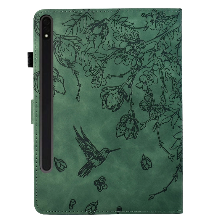 For Samsung Galaxy Tab S7 / S8 Flowers and Bird Embossed Smart Leather Tablet Case(Green) - Galaxy Tab S8 Cases by buy2fix | Online Shopping UK | buy2fix