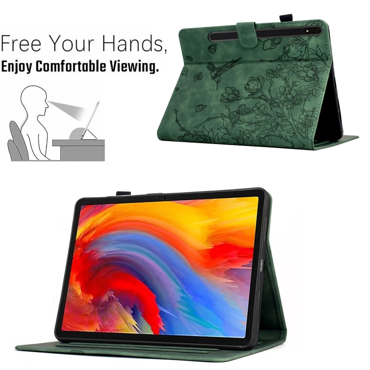 For Samsung Galaxy Tab S7 / S8 Flowers and Bird Embossed Smart Leather Tablet Case(Green) - Galaxy Tab S8 Cases by buy2fix | Online Shopping UK | buy2fix