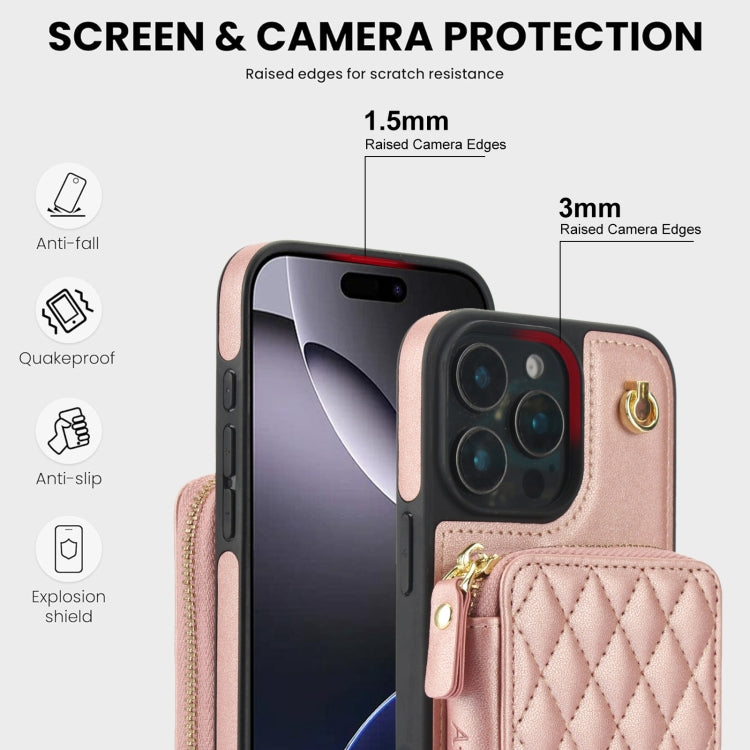 For iPhone 16 Pro Max AwQuer Crossbody Zipper Wallet Rhombic Leather Back Phone Case(Rose Gold) - iPhone 16 Pro Max Cases by Awquer | Online Shopping UK | buy2fix