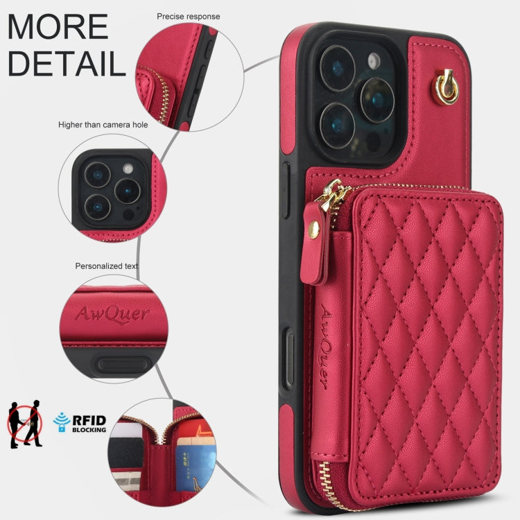 For iPhone 16 Pro AwQuer Crossbody Zipper Wallet Rhombic Leather Back Phone Case(Red) - iPhone 16 Pro Cases by Awquer | Online Shopping UK | buy2fix