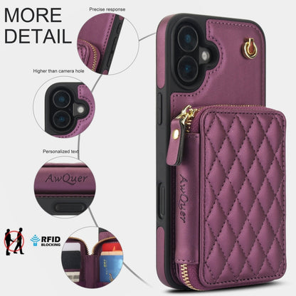 For iPhone 16 AwQuer Crossbody Zipper Wallet Rhombic Leather Back Phone Case(Dark Purple) - iPhone 16 Cases by Awquer | Online Shopping UK | buy2fix