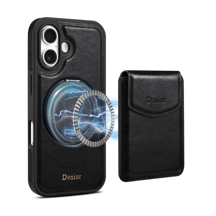 For iPhone 16 Plus Denior D22 Genuine Leather MagSafe Holder Detachable Card Slot Phone Case(Black) - iPhone 16 Plus Cases by Denior | Online Shopping UK | buy2fix