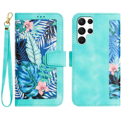 For Samsung Galaxy S25 Ultra 5G Floral Pattern Leather Phone Case with Lanyard(Green) - Galaxy S25 Ultra 5G Cases by buy2fix | Online Shopping UK | buy2fix