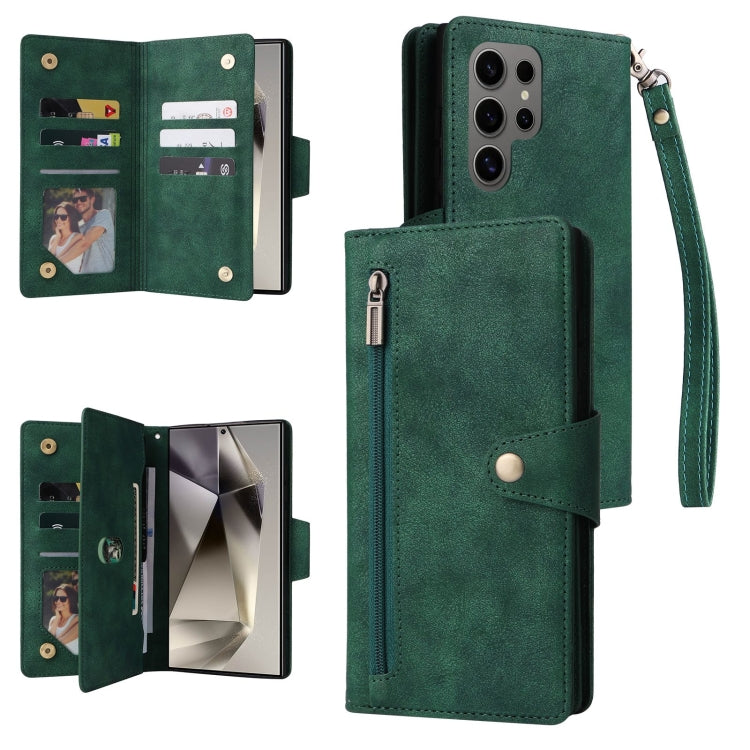 For Samsung Galaxy S25 Ultra 5G Rivet Buckle 9 Cards Three Fold Leather Phone Case(Green) - Galaxy S25 Ultra 5G Cases by buy2fix | Online Shopping UK | buy2fix