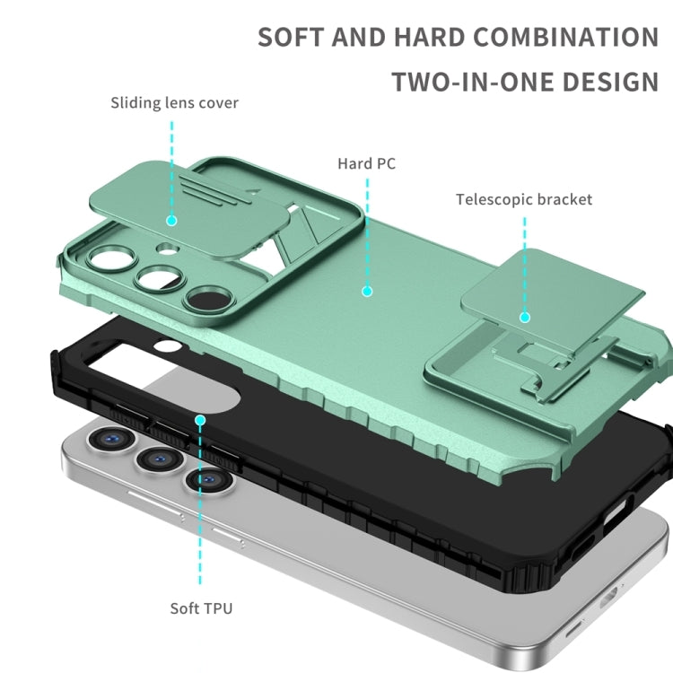 For Samsung Galaxy S25 5G Stereoscopic Holder Sliding Camshield Phone Case(Light Green) - Galaxy S25 5G Cases by buy2fix | Online Shopping UK | buy2fix