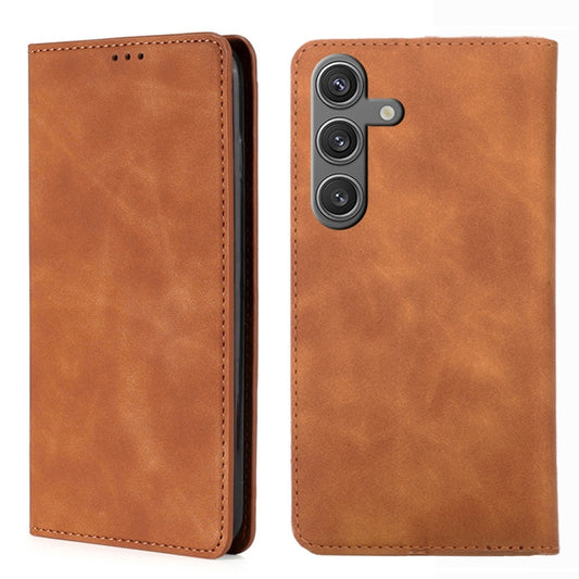 For Samsung Galaxy S25 5G Skin Feel Magnetic Leather Phone Case(Light Brown) - Galaxy S25 5G Cases by buy2fix | Online Shopping UK | buy2fix