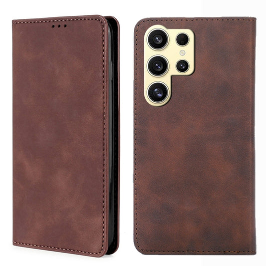 For Samsung Galaxy S25 Ultra 5G Skin Feel Magnetic Leather Phone Case(Dark Brown) - Galaxy S25 Ultra 5G Cases by buy2fix | Online Shopping UK | buy2fix