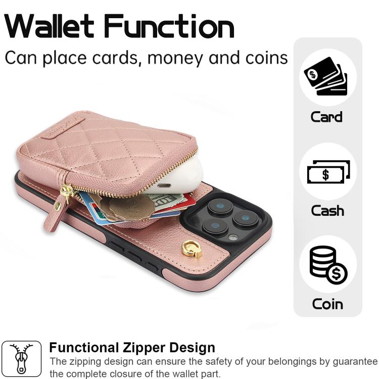 For iPhone 16 Plus AwQuer Crossbody Zipper Wallet Bag Litchi Leather Phone Case(Rose Gold) - iPhone 16 Plus Cases by Awquer | Online Shopping UK | buy2fix