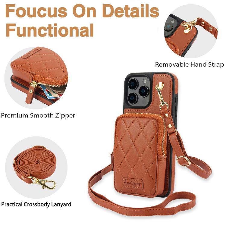 For iPhone 16 Plus AwQuer Crossbody Zipper Wallet Bag Litchi Leather Phone Case(Brown) - iPhone 16 Plus Cases by Awquer | Online Shopping UK | buy2fix